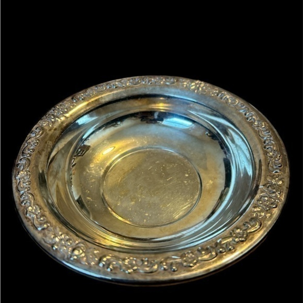 Vintage Silver Plate Dessert Candy Dish Bowl, Rose Scroll Rim, Sheridan, 6.5"